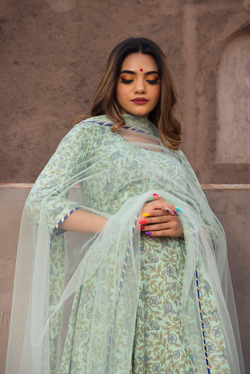 aqua-green-hand-block-print-anarkali-set-11403006GR, Women Indian Ethnic Clothing, Cotton Kurta Set Dupatta