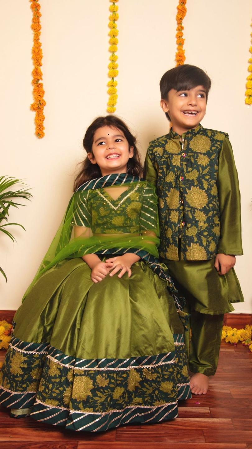 bachapan-idika-green-lehenga-set-11409020GR, Kids Indian Ethnic Clothing, Cotton Silk Girl Lehenga Set