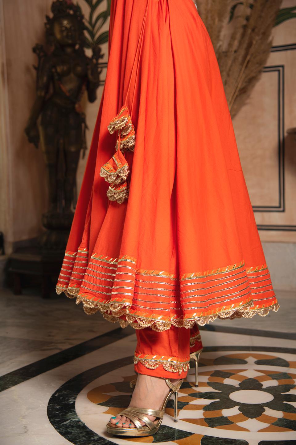 bandhani-angrakha-set-11403007OR, Women Indian Ethnic Clothing, Cotton Kurta Set Dupatta
