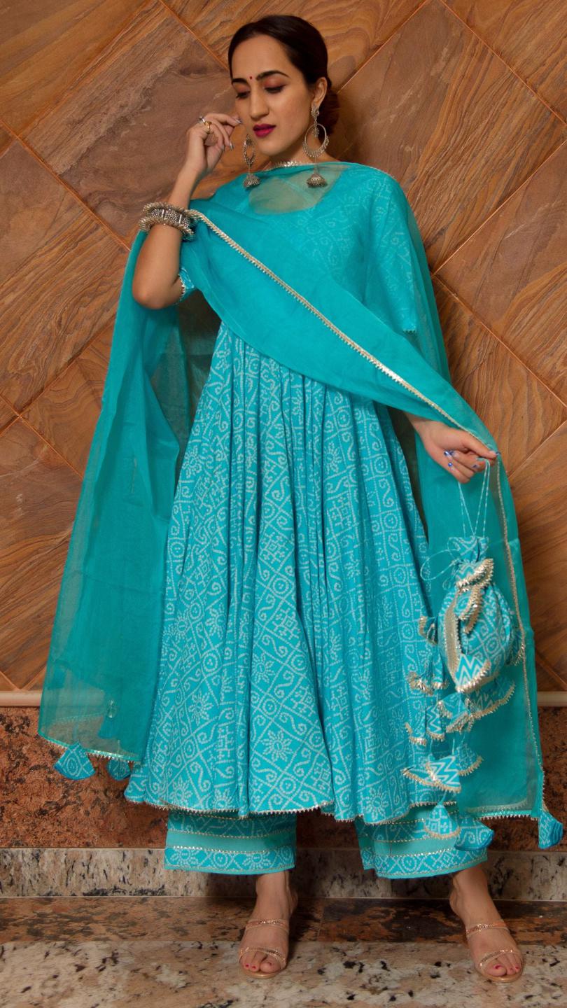 bandhej-blue-cotton-anarkali-set-11403045BL, Women Indian Ethnic Clothing, Cotton Kurta Set Dupatta