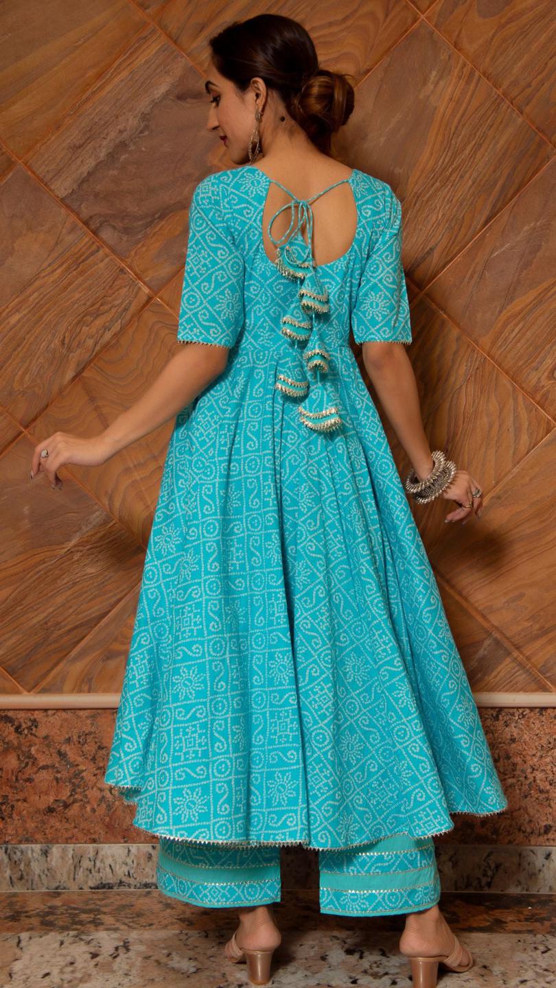 bandhej-blue-cotton-anarkali-set-11403045BL, Women Indian Ethnic Clothing, Cotton Kurta Set Dupatta