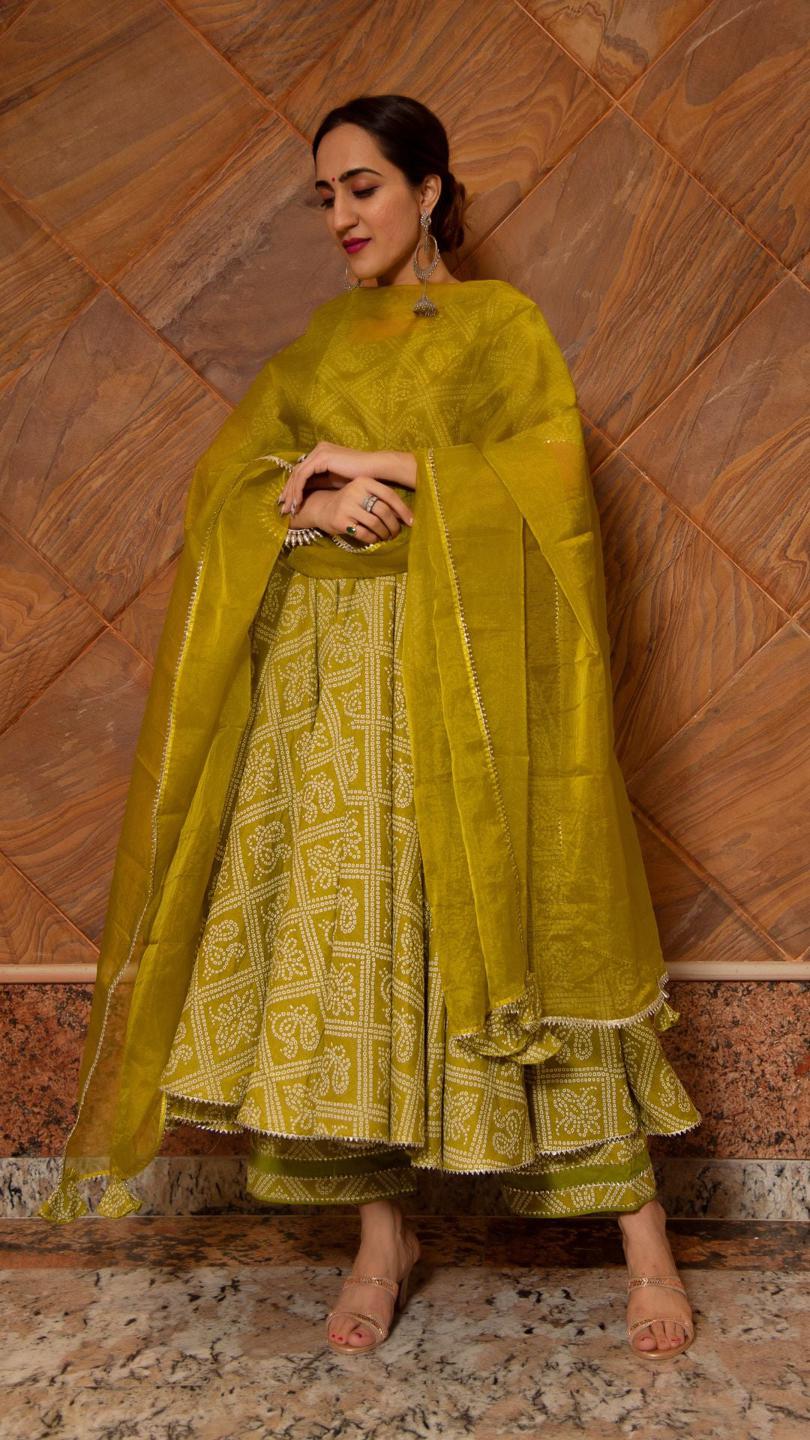 bandhej-mehndhi-green-cotton-anarkali-set-11403047GR, Women Indian Ethnic Clothing, Cotton Kurta Set Dupatta
