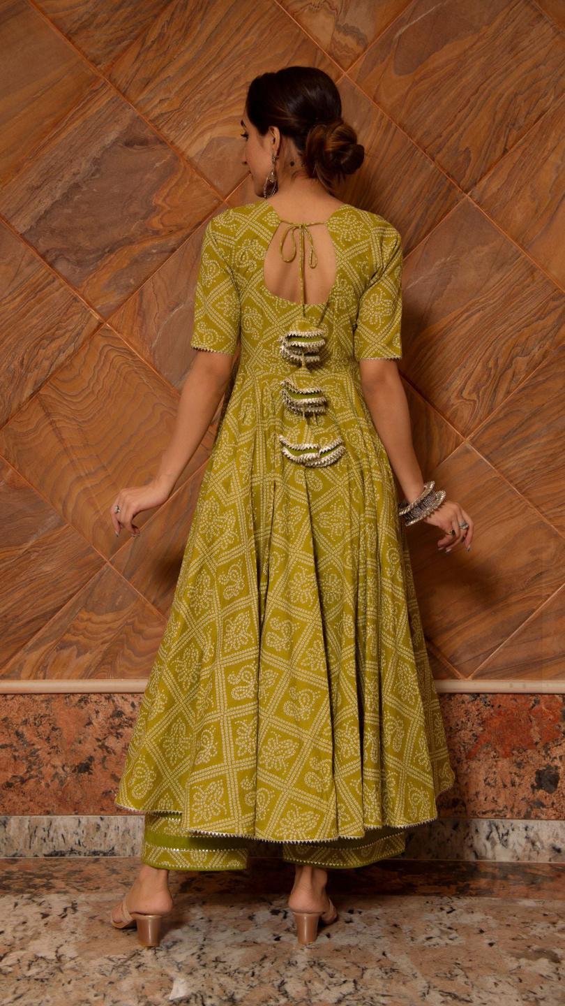 bandhej-mehndhi-green-cotton-anarkali-set-11403047GR, Women Indian Ethnic Clothing, Cotton Kurta Set Dupatta