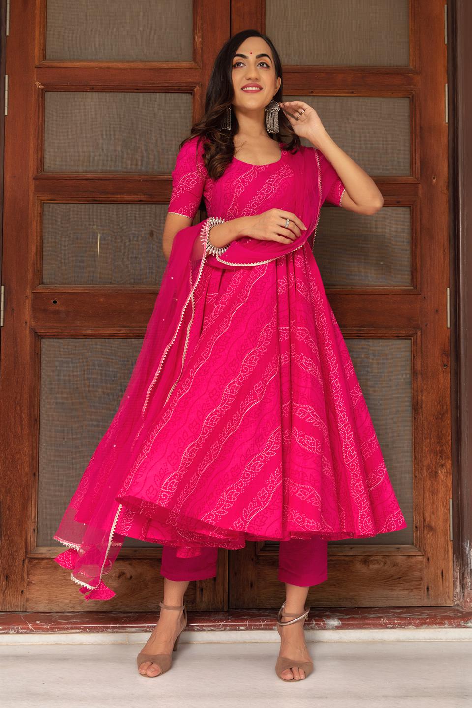 bandhej-pink-cotton-anarkali-set-11403009PK, Women Indian Ethnic Clothing, Cotton Kurta Set Dupatta