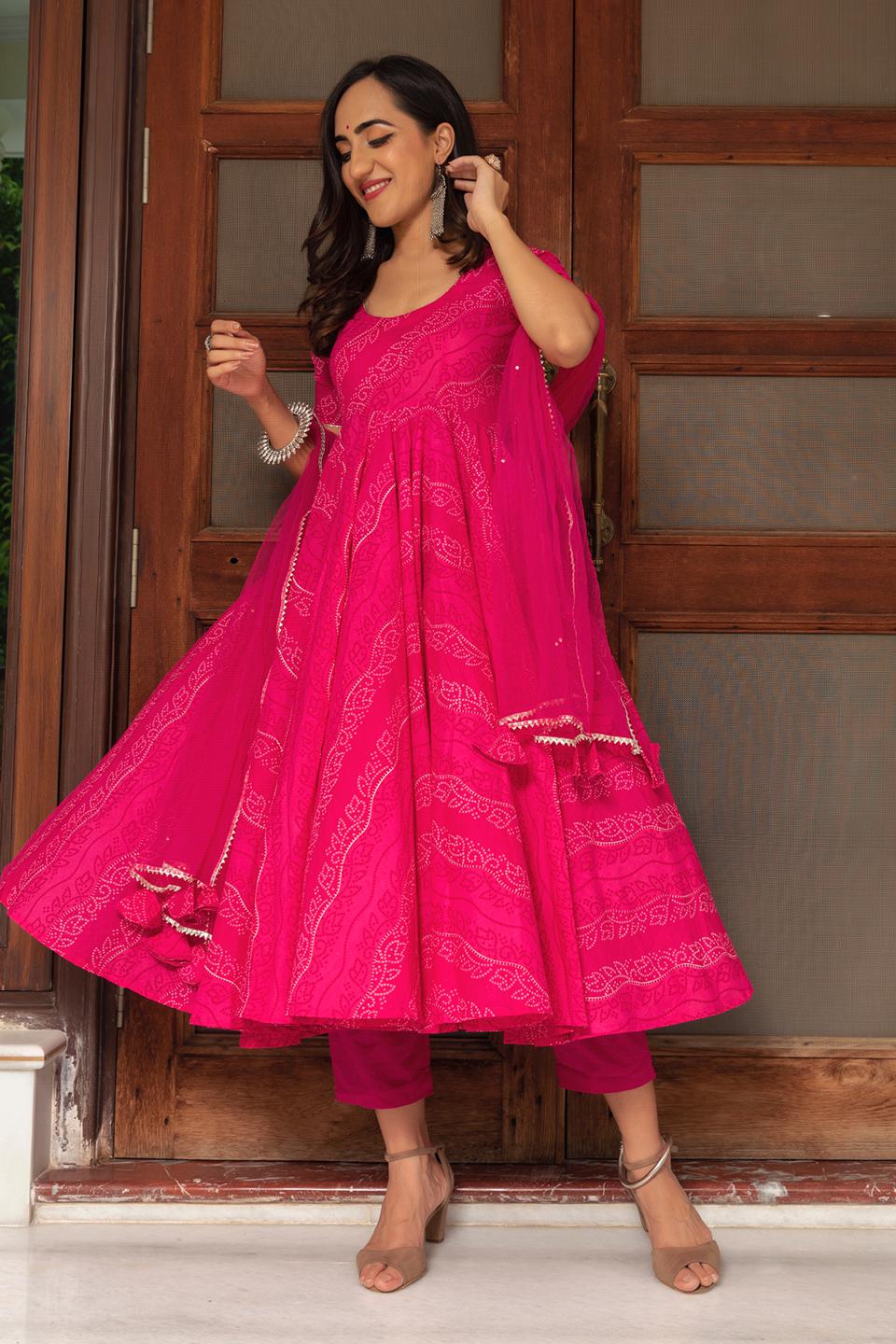 bandhej-pink-cotton-anarkali-set-11403009PK, Women Indian Ethnic Clothing, Cotton Kurta Set Dupatta