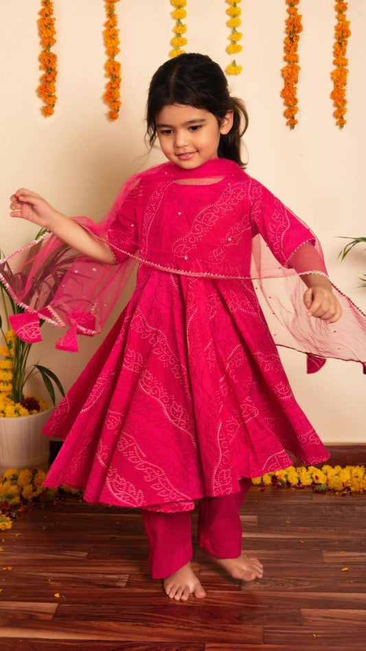 bandhej-pink-cotton-anarkali-set-11434011PK, Kids Indian Ethnic Clothing, Cotton Girl Kurta Set