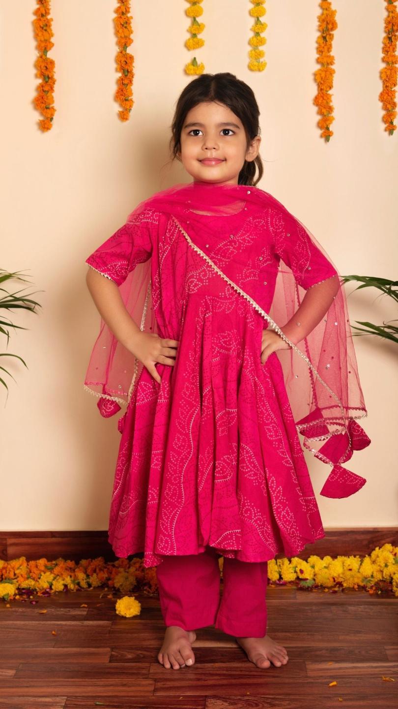 bandhej-pink-cotton-anarkali-set-11434011PK, Kids Indian Ethnic Clothing, Cotton Girl Kurta Set