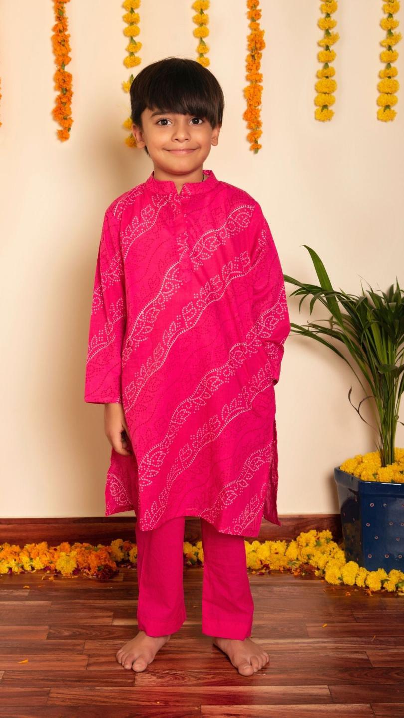 bandhej-pink-kurta-set-11420012PK, Kids Indian Ethnic Clothing, Cotton Boy Kurta Pajama Set