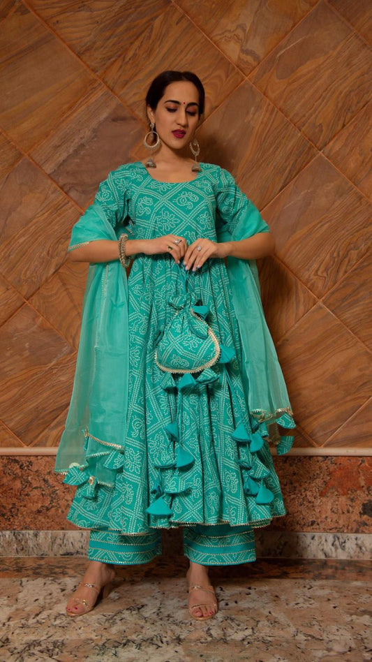 bandhej-tiffany-blue-cotton-anarkali-set-11403048BL, Women Indian Ethnic Clothing, Cotton Kurta Set Dupatta