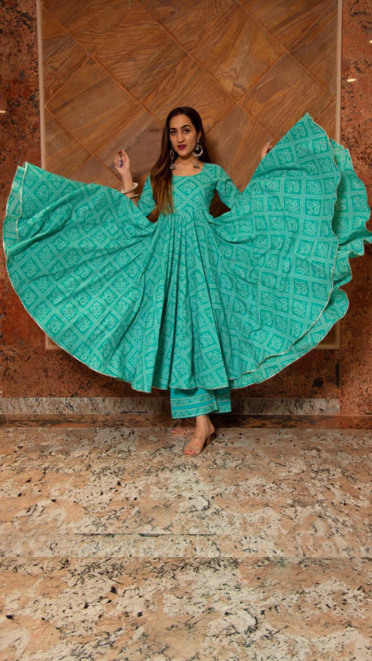 bandhej-tiffany-blue-cotton-anarkali-set-11403048BL, Women Indian Ethnic Clothing, Cotton Kurta Set Dupatta