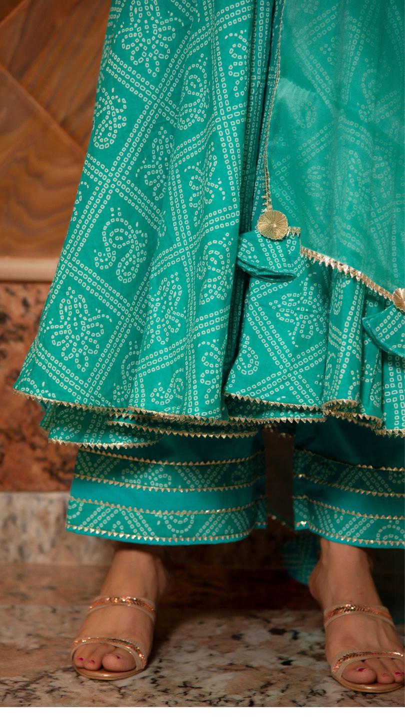 bandhej-tiffany-blue-cotton-anarkali-set-11403048BL, Women Indian Ethnic Clothing, Cotton Kurta Set Dupatta