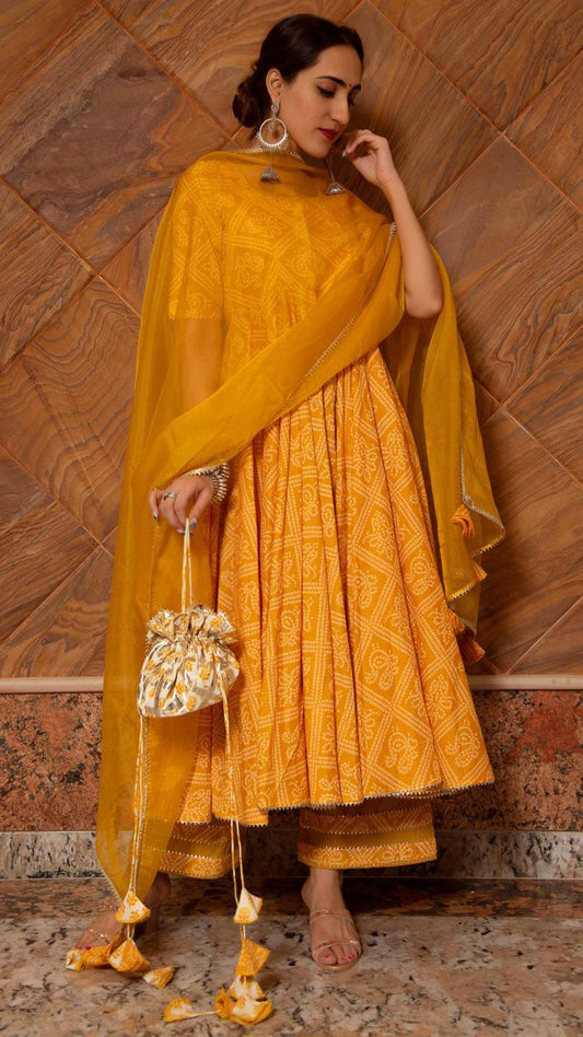 bandhej-yellow-cotton-anarkali-set-11403046YL, Women Indian Ethnic Clothing, Cotton Kurta Set Dupatta