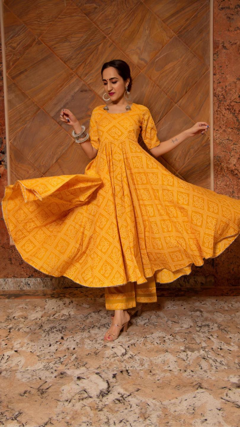 bandhej-yellow-cotton-anarkali-set-11403046YL, Women Indian Ethnic Clothing, Cotton Kurta Set Dupatta