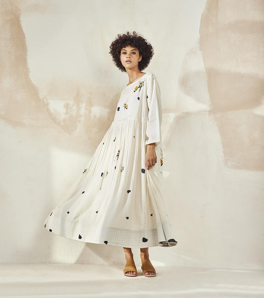 bee-printed-anti-fit-white-mulmul-dress-11904055WH, Women Clothing, Mulmul Dress