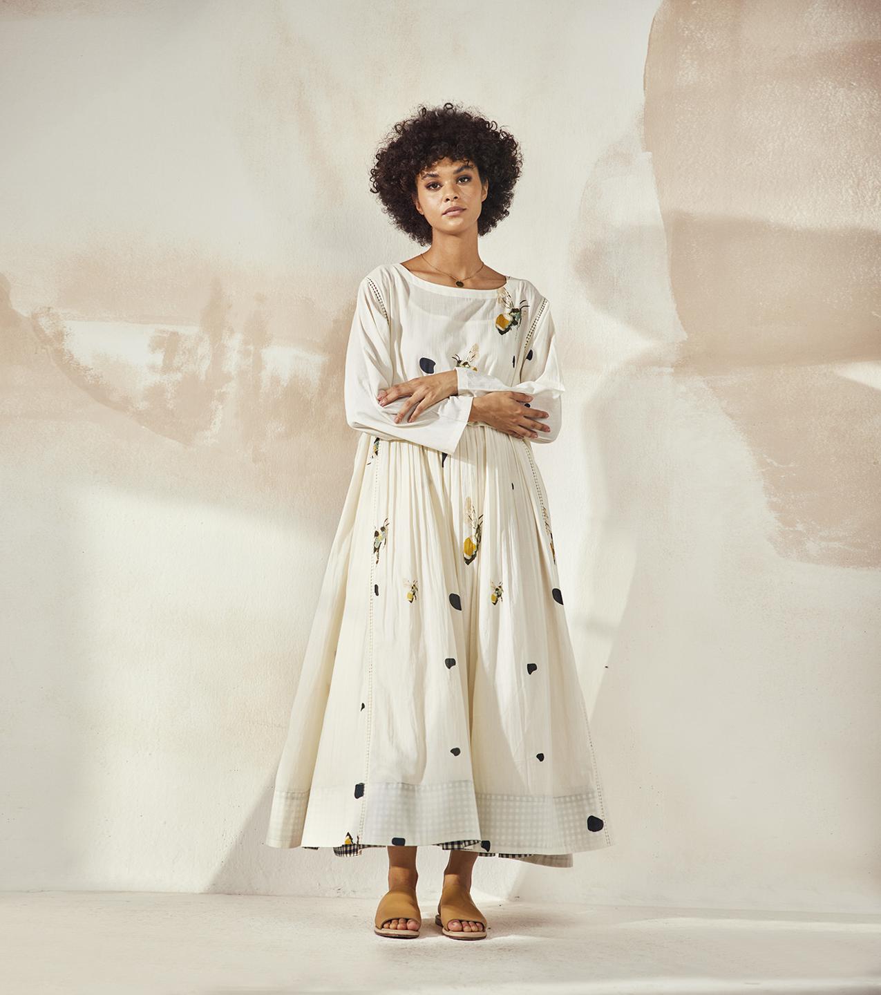 bee-printed-anti-fit-white-mulmul-dress-11904055WH, Women Clothing, Mulmul Dress