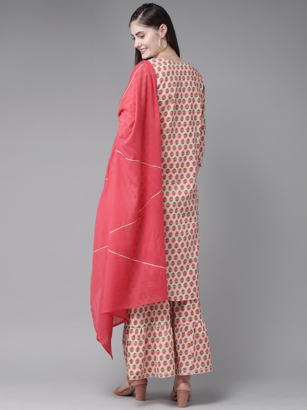 beige-and-peach-kurta-with-sharara-and-dupatta-10103001BG, Women Indian Ethnic Clothing, Cotton Kurta Set Dupatta