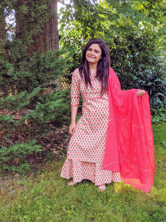 Beige And Peach Kurta With Sharara And Dupatta