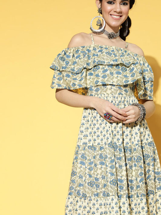 beige-blue-ethnic-printed-dress-10104076BG, Women Clothing, Cotton Dress