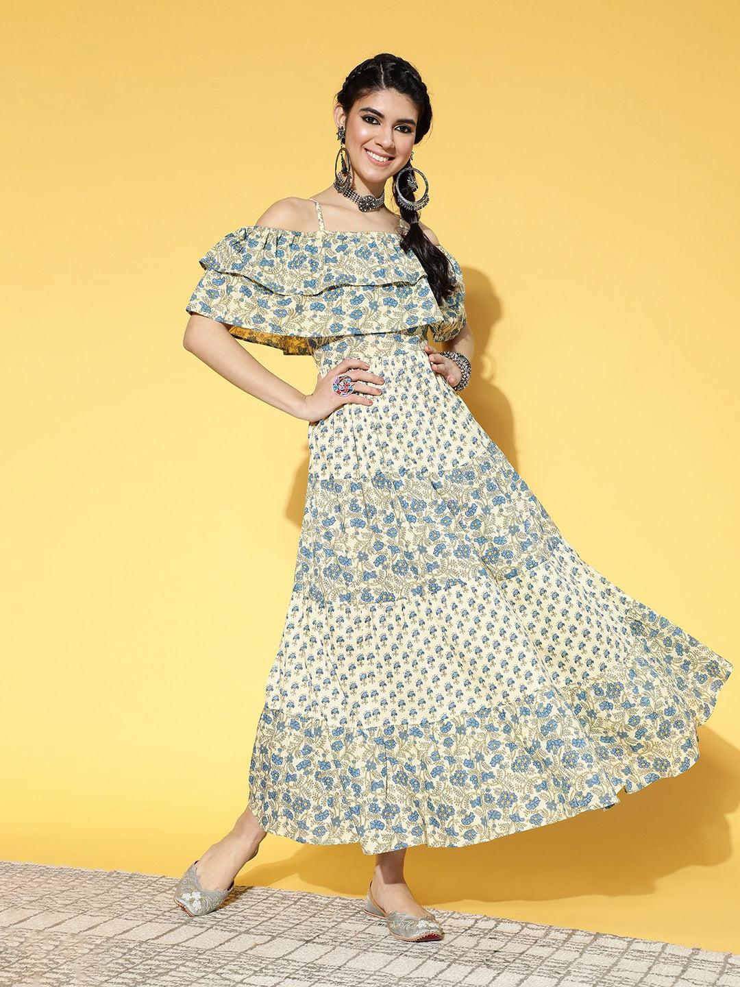 beige-blue-ethnic-printed-dress-10104076BG, Women Clothing, Cotton Dress