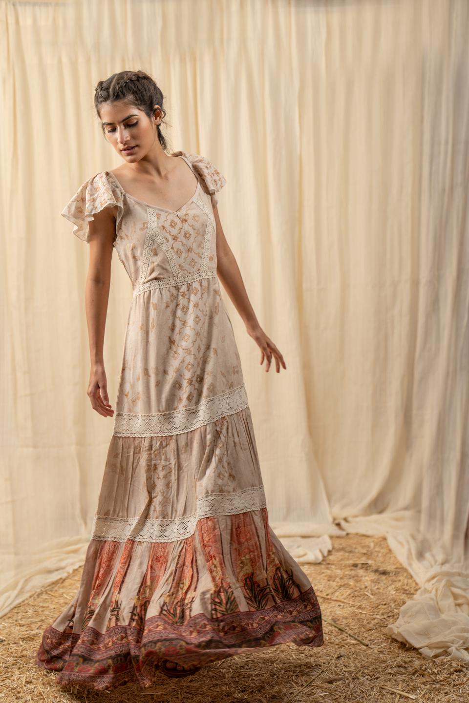 beige-lace-tiered-maxi-dress-11804003BG, Women Clothing, Rayon Dress