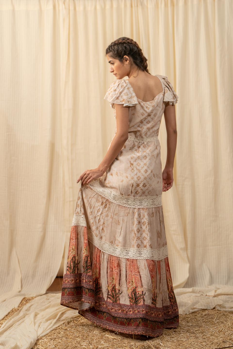 beige-lace-tiered-maxi-dress-11804003BG, Women Clothing, Rayon Dress