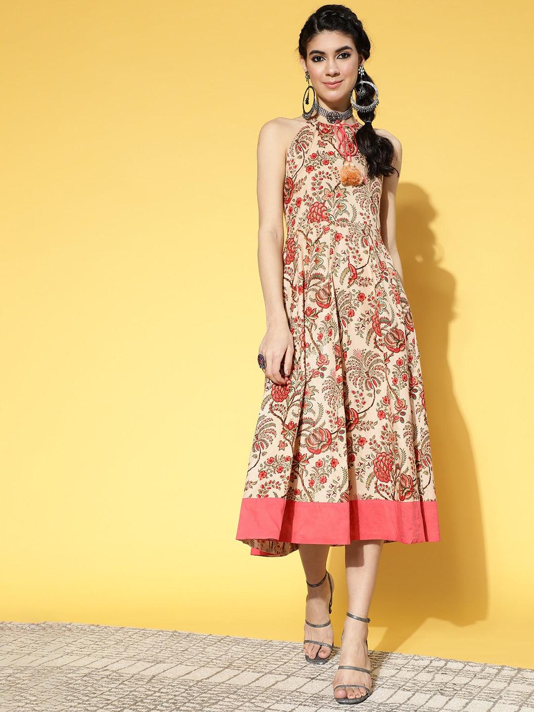 beige-pink-mugal-jaal-dress-10104083BG, Women Clothing, Cotton Dress