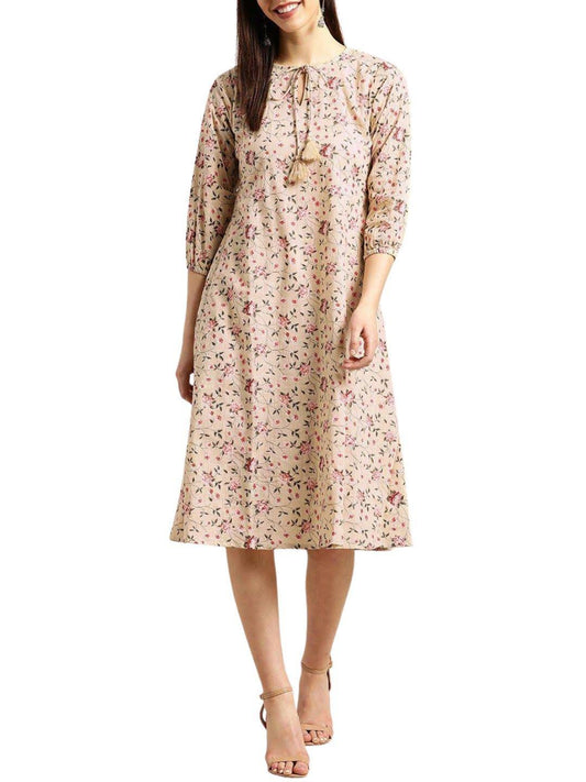 beige-red-floral-print-a-line-dress-10204103BG, Women Clothing, Cotton Dress