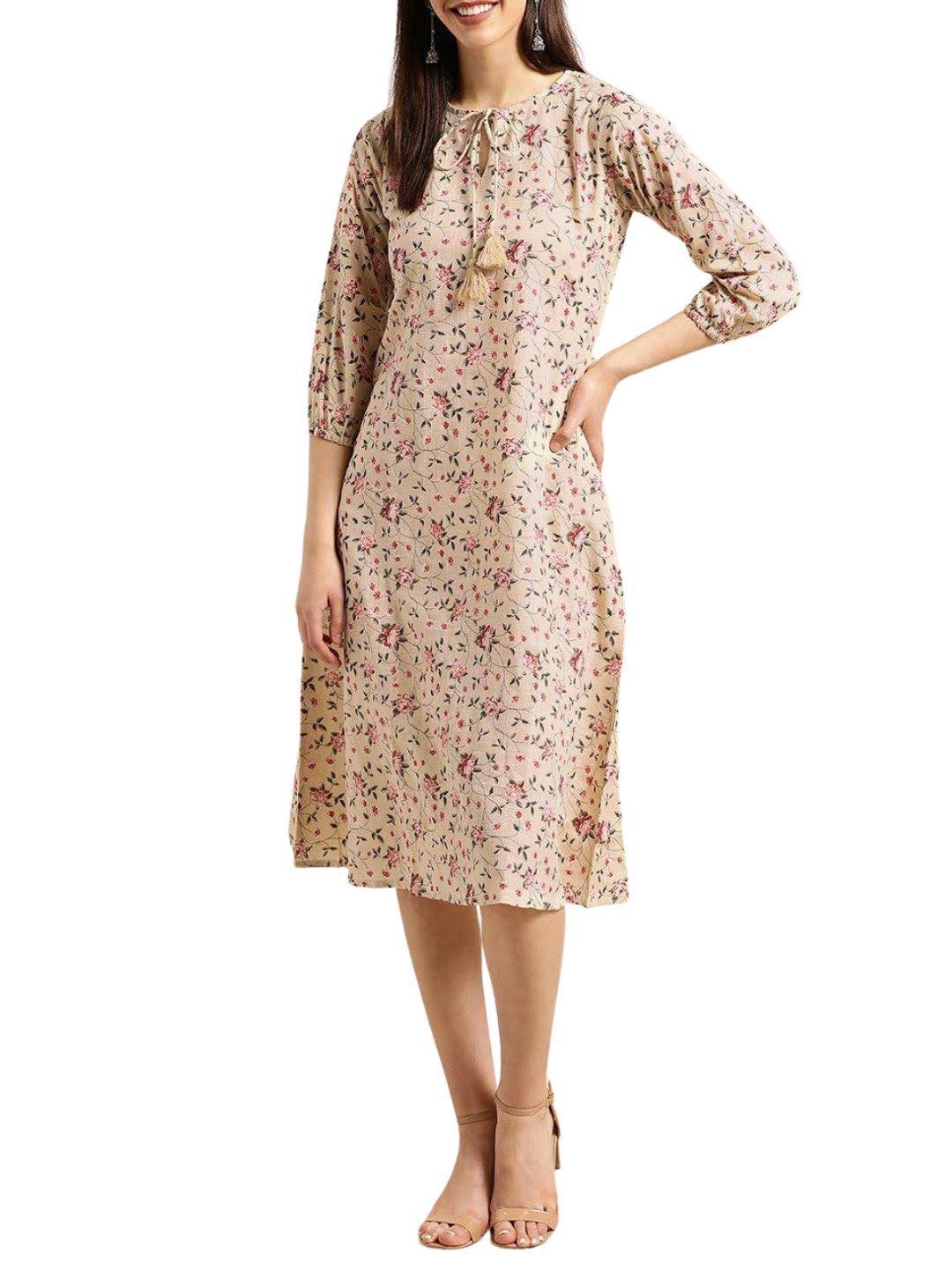 beige-red-floral-print-a-line-dress-10204103BG, Women Clothing, Cotton Dress