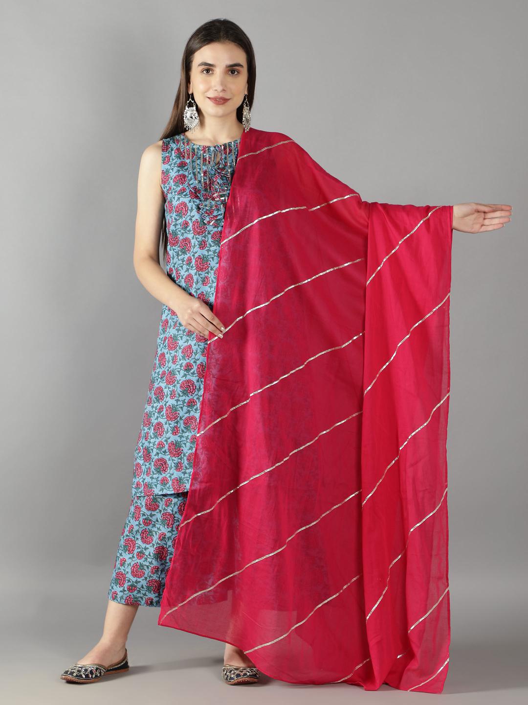 bella-blue-pink-floral-kurta-with-short-pant-and-fuschia-pink-dupatta-set-11703128BL, Women Indian Ethnic Clothing, Cotton Kurta Set Dupatta