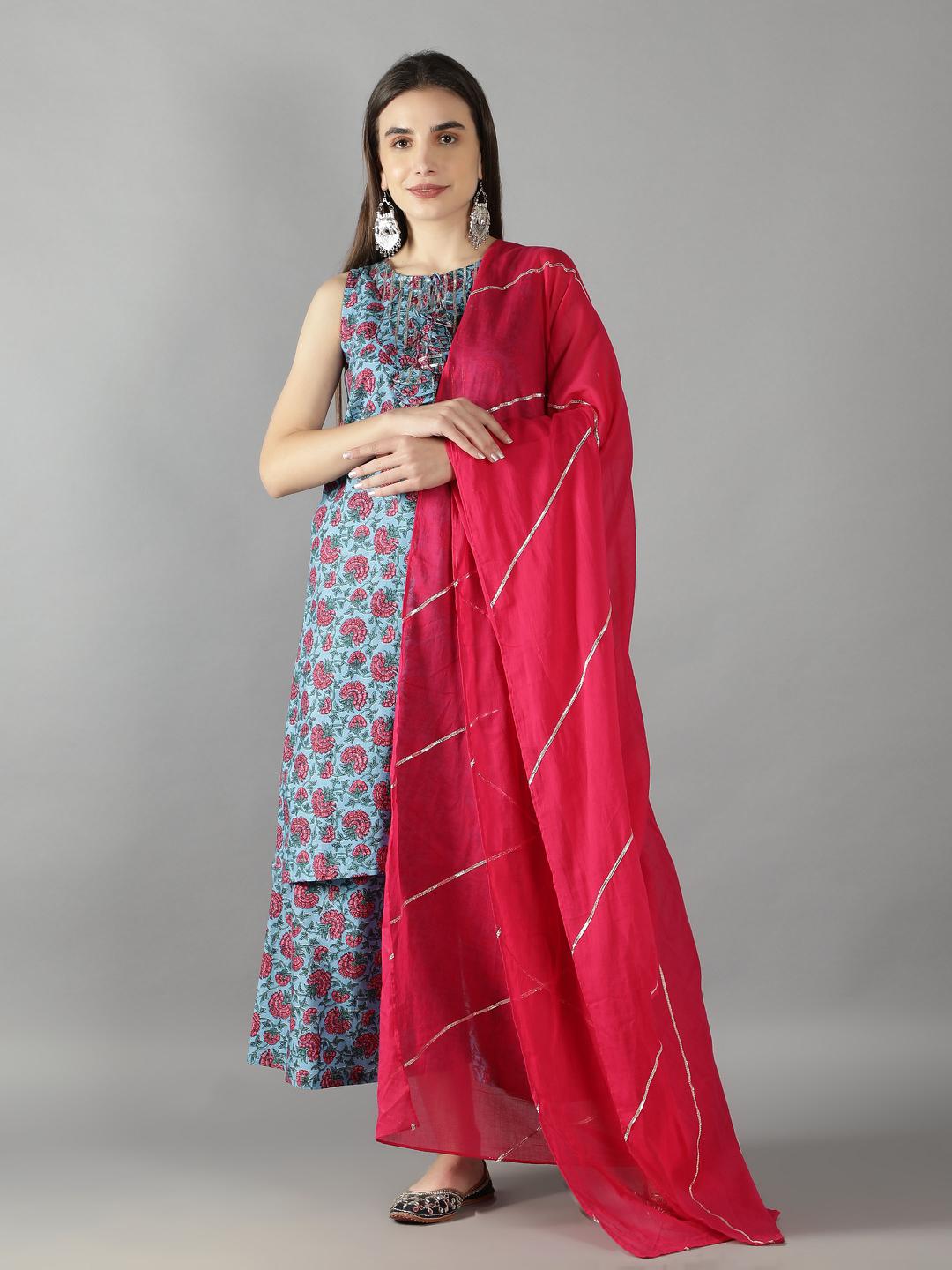 bella-blue-pink-floral-kurta-with-short-pant-and-fuschia-pink-dupatta-set-11703128BL, Women Indian Ethnic Clothing, Cotton Kurta Set Dupatta