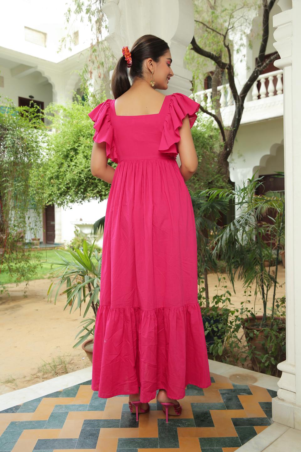 berry-pink-flared-maxi-dress-11704036PK, Women Clothing, Cotton Dress
