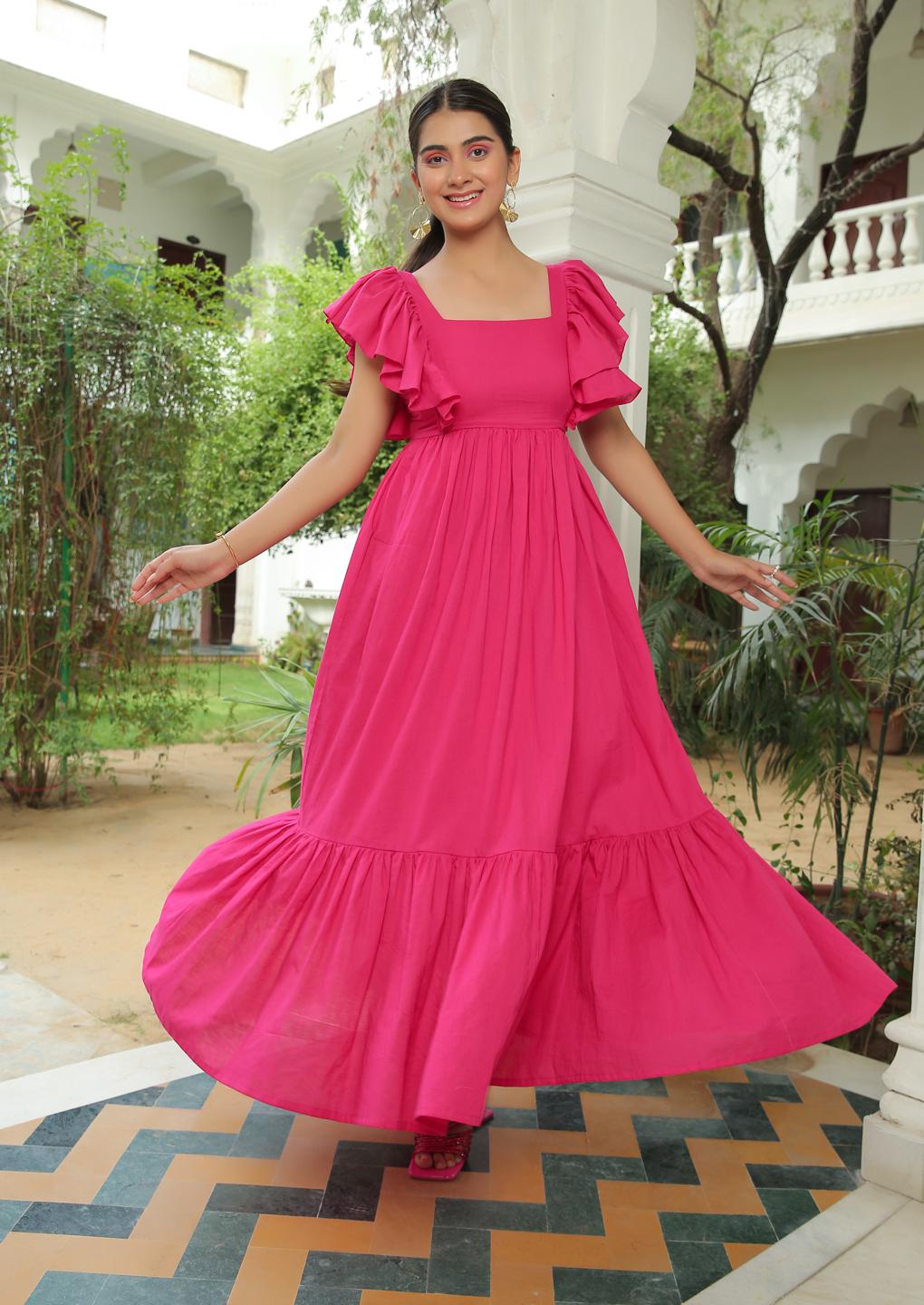 berry-pink-flared-maxi-dress-11704036PK, Women Clothing, Cotton Dress