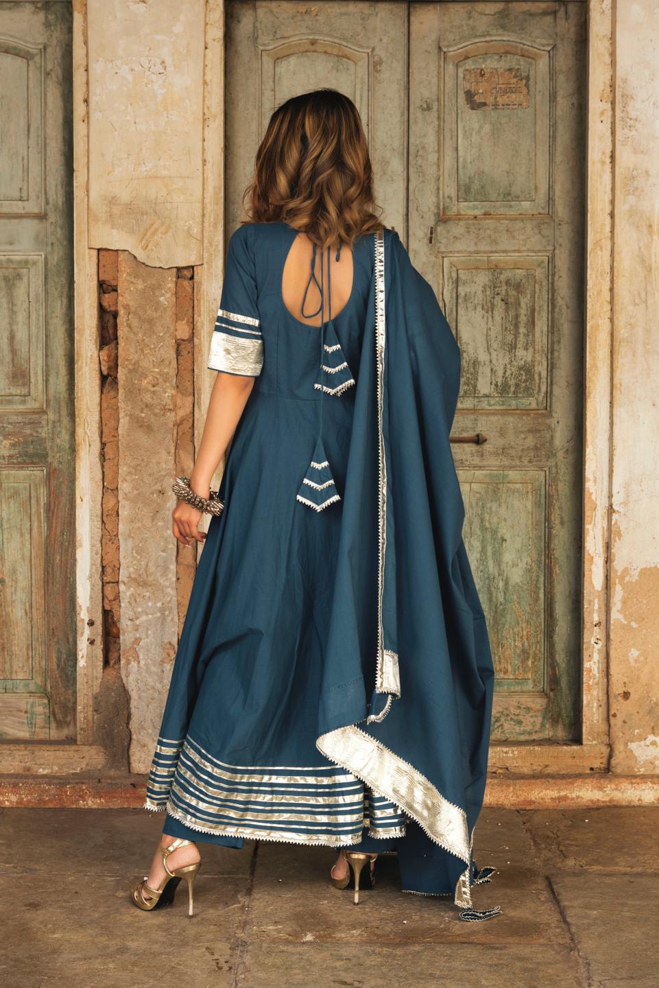 berry-spary-cotton-blue-anarkali-11403002BL, Women Indian Ethnic Clothing, Cotton Kurta Set Dupatta