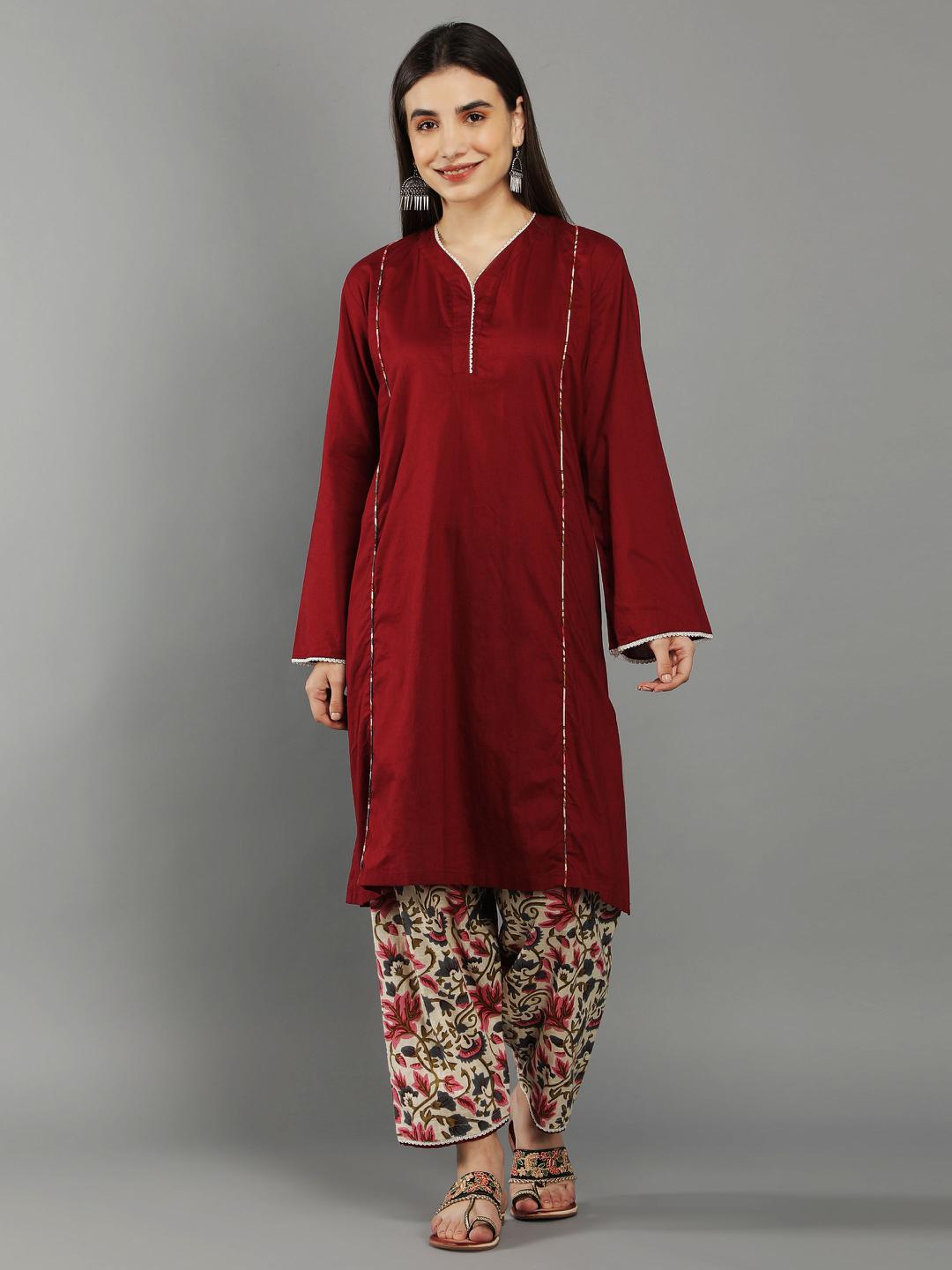 bing-cherry-maroon-v-neck-kurta-in-bell-sleeves-with-straight-pant-11702102WH, Women Indian Ethnic Clothing, Cotton Kurta Set