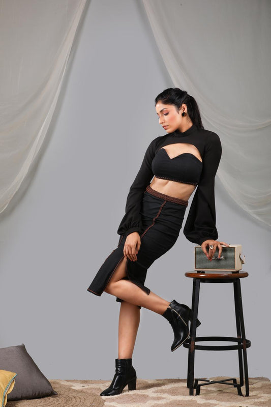 black-beauty-braided-bustier-with-pencil-skirt-teamed-up-with-shoulder-jacket-11740081BK, Women Clothing, Cotton Matching Set