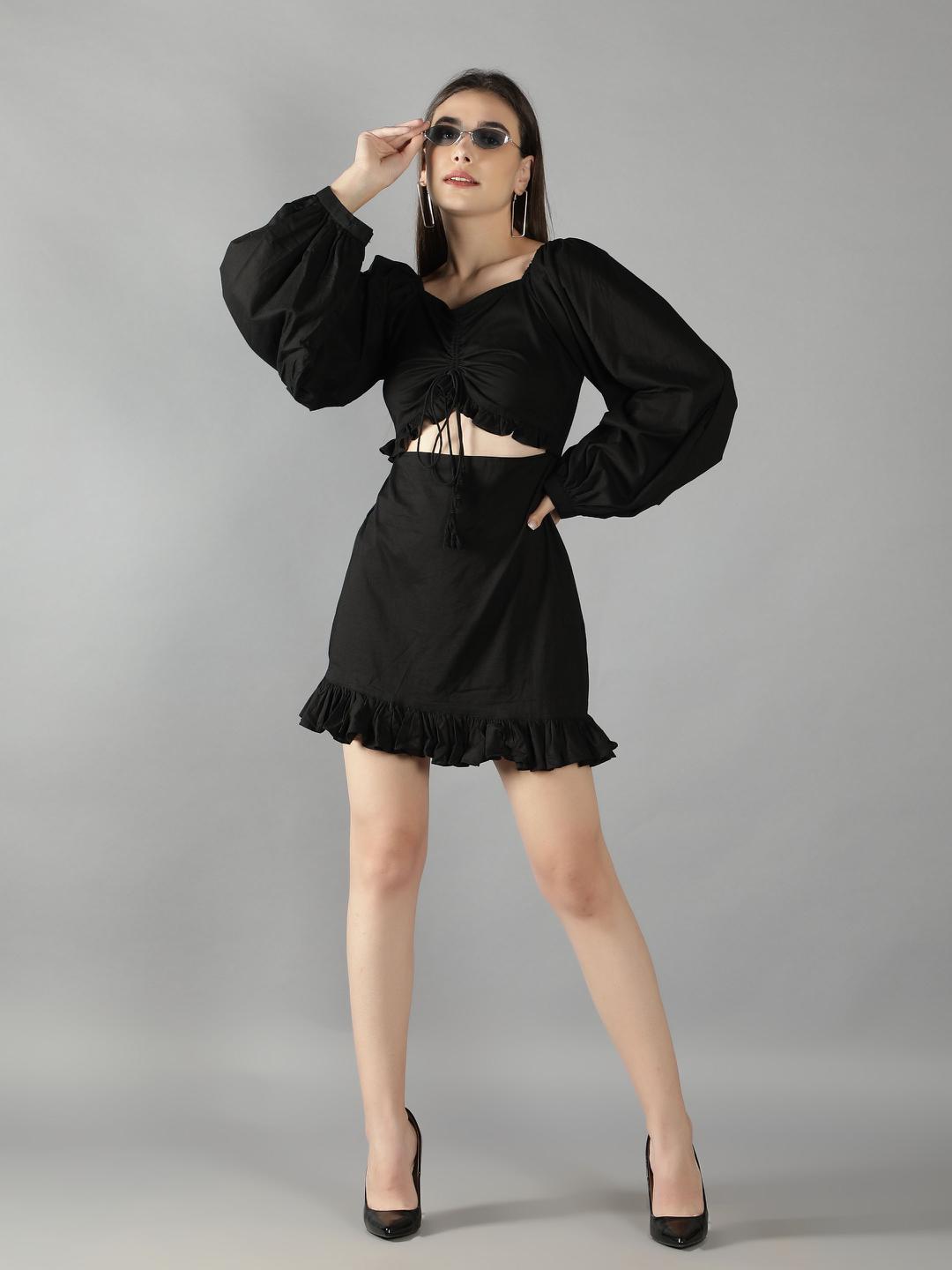 black-beauty-front-waist-cut-out-dress-11704121BK, Women Clothing, Cotton Dress