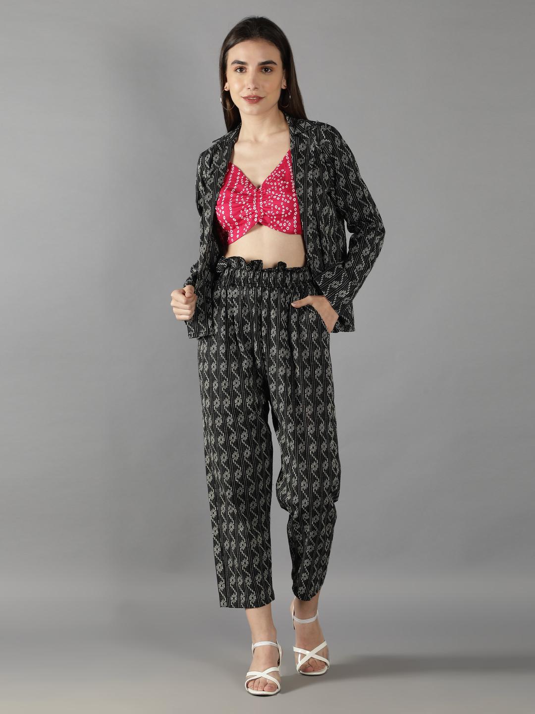 black-beauty-katha-pant-suit-with-pink-peacock-bustier-11740115BK, Women Clothing, Cotton Matching Set