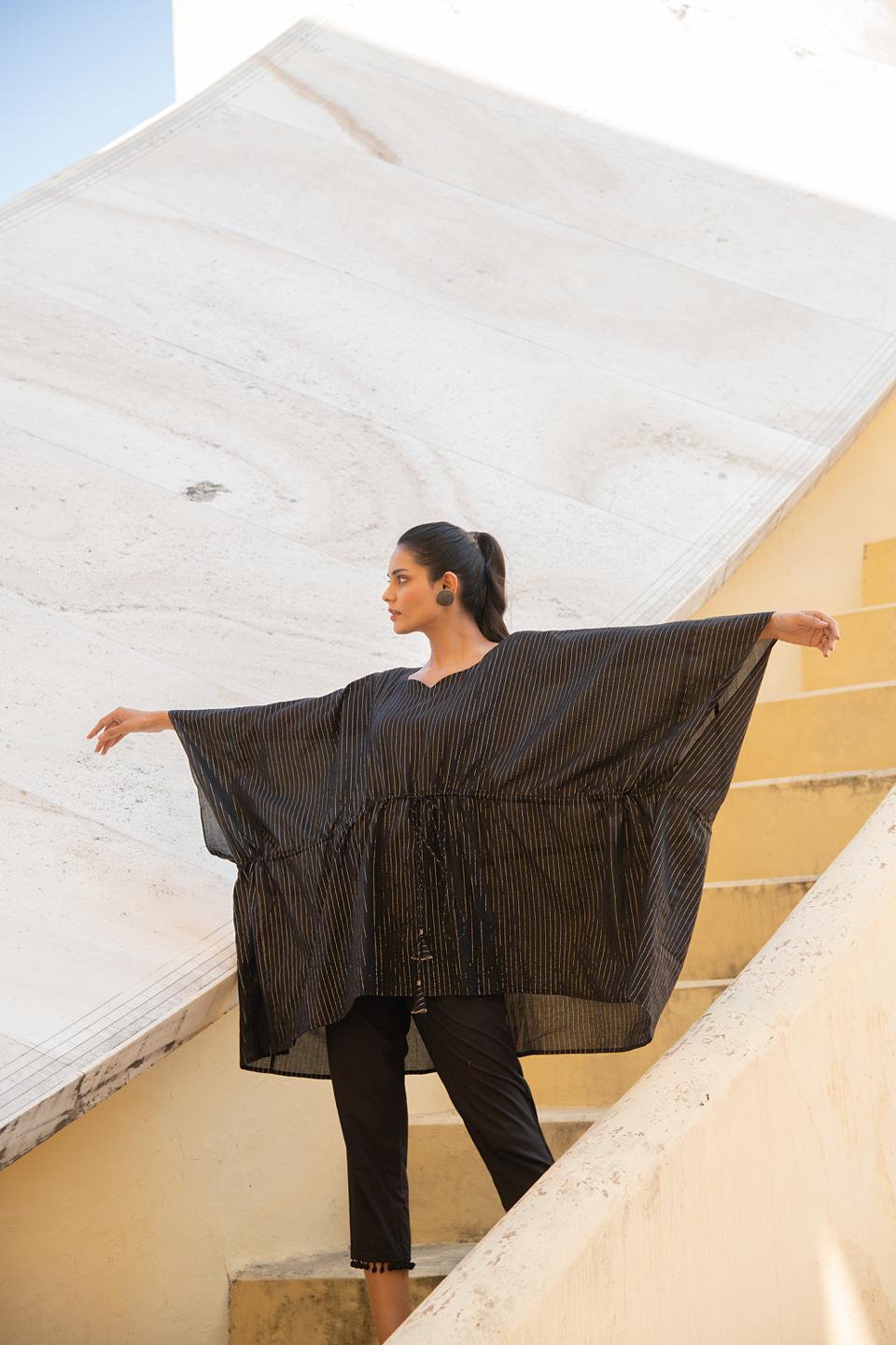 black-beauty-lurex-cotton-caftan-kurta-with-pant-set-11740131BK, Women Clothing, Cotton Matching Set