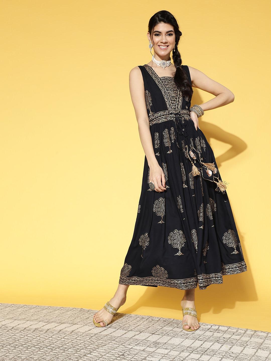 black-beige-ethnic-dress-10104081BK, Women Clothing, Rayon Dress
