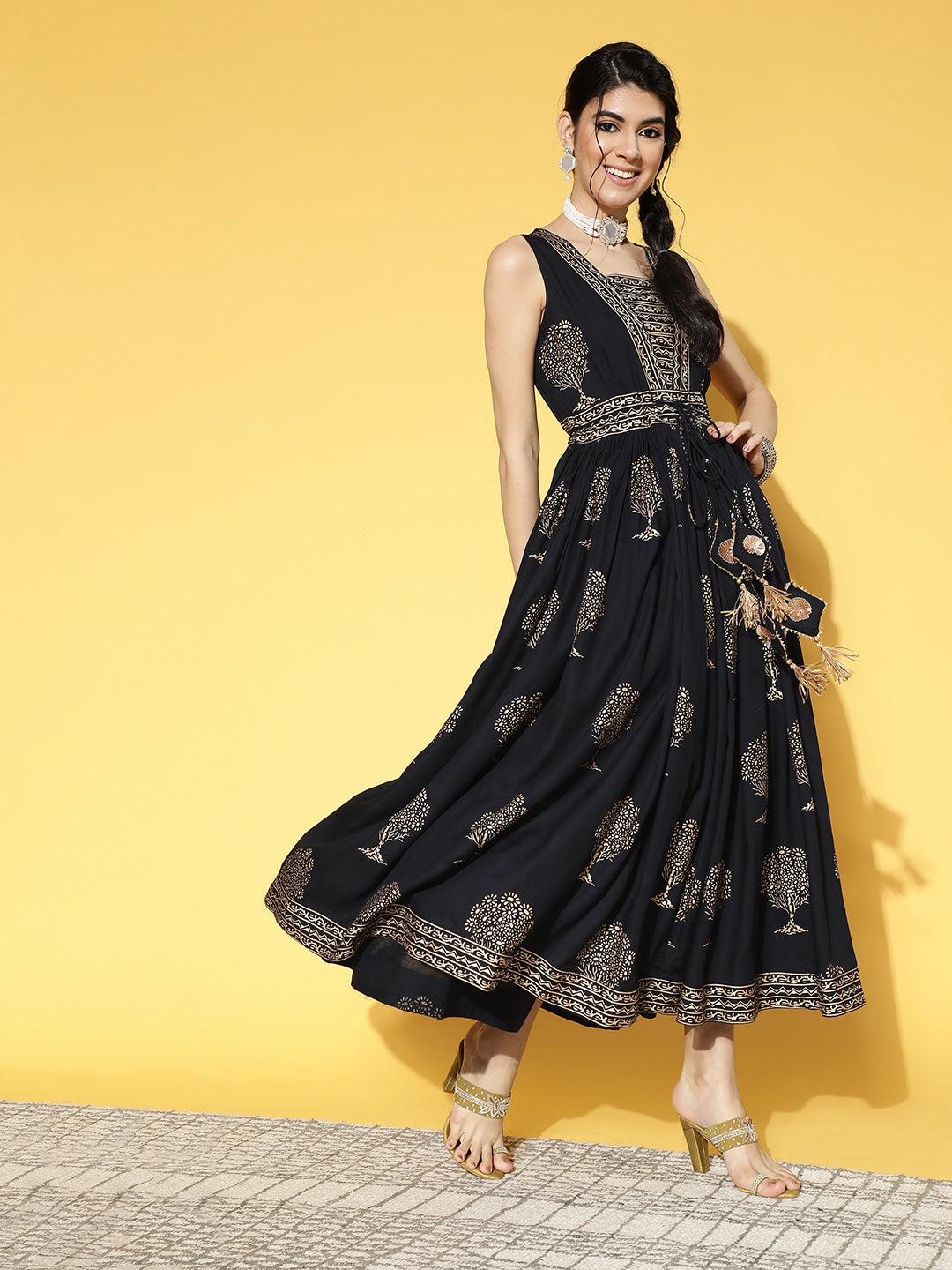black-beige-ethnic-dress-10104081BK, Women Clothing, Rayon Dress