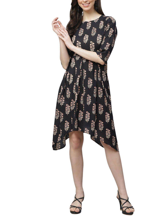 black-beige-ethnic-printed-asymmetric-dress-10204111BK, Women Clothing, Cotton Dress