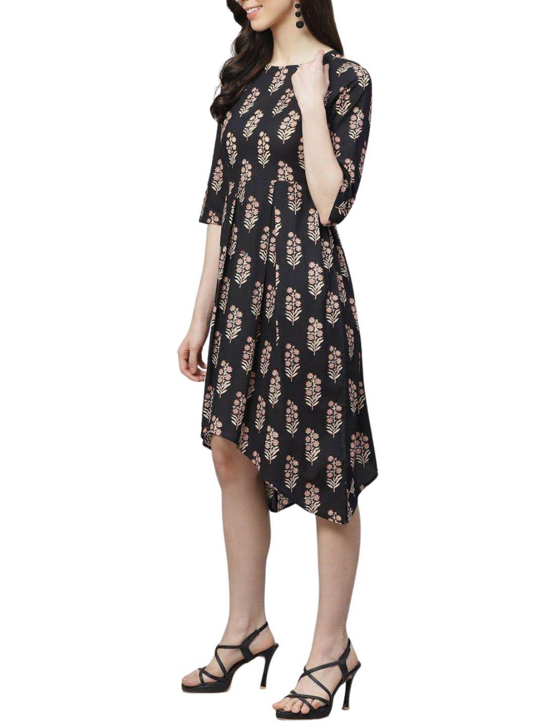 black-beige-ethnic-printed-asymmetric-dress-10204111BK, Women Clothing, Cotton Dress