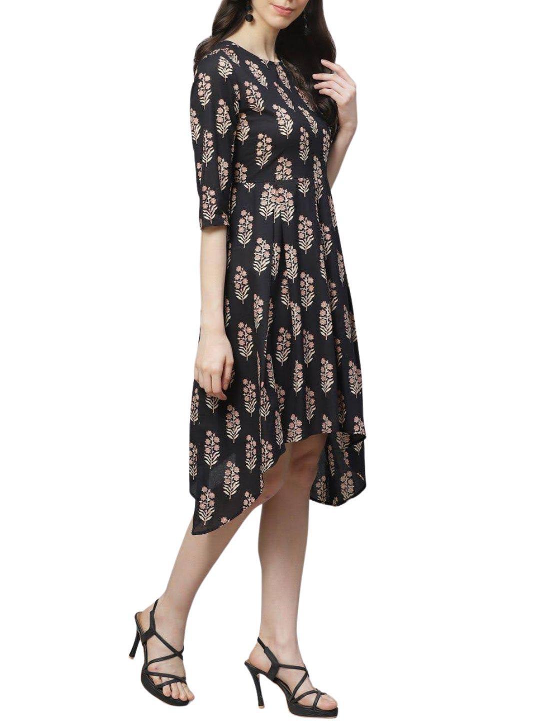 black-beige-ethnic-printed-asymmetric-dress-10204111BK, Women Clothing, Cotton Dress