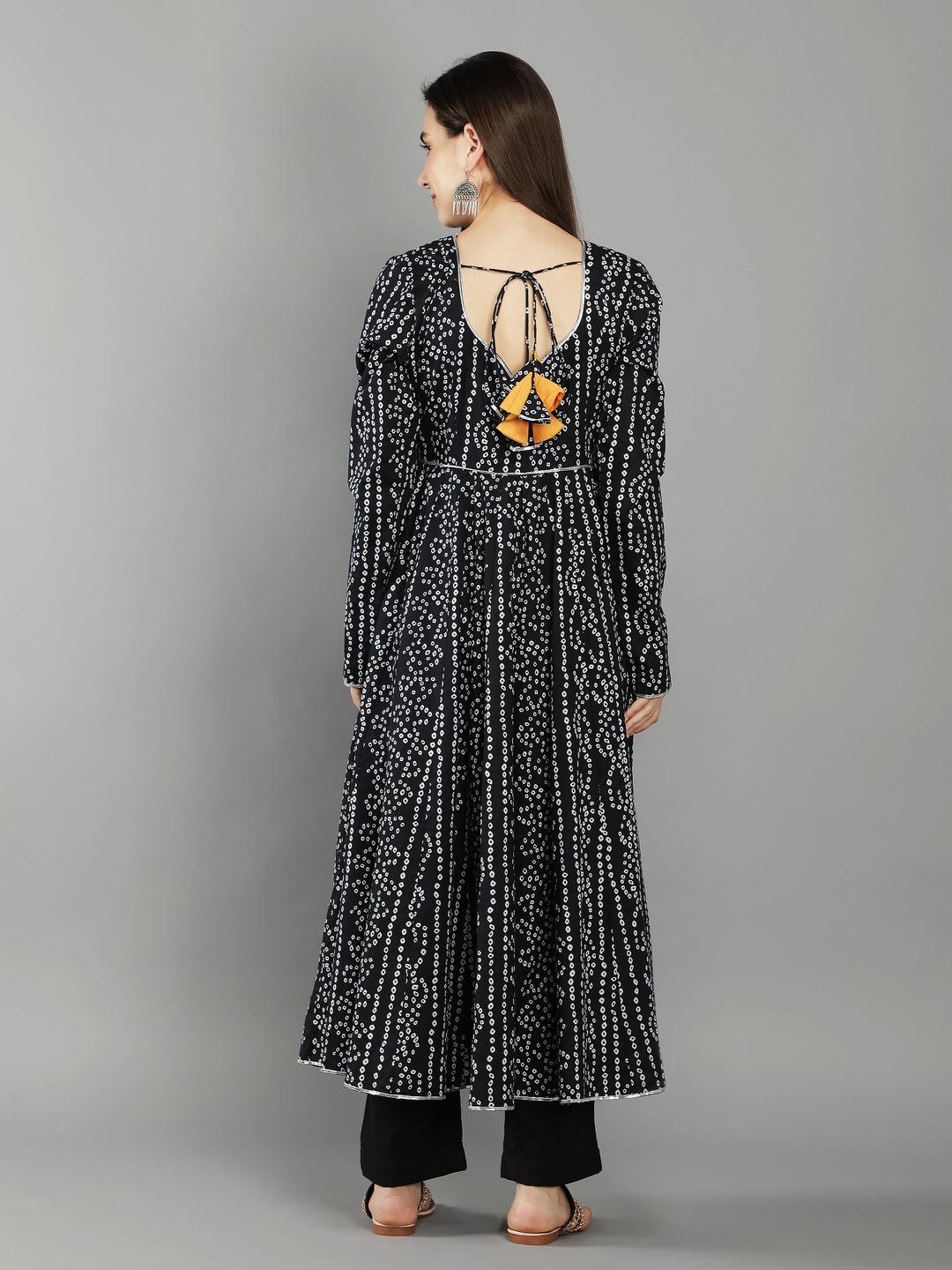 black-bhandej-anarkali-suit-set-with-mustard-dupatta-11703136BK, Women Indian Ethnic Clothing, Cotton Kurta Set Dupatta