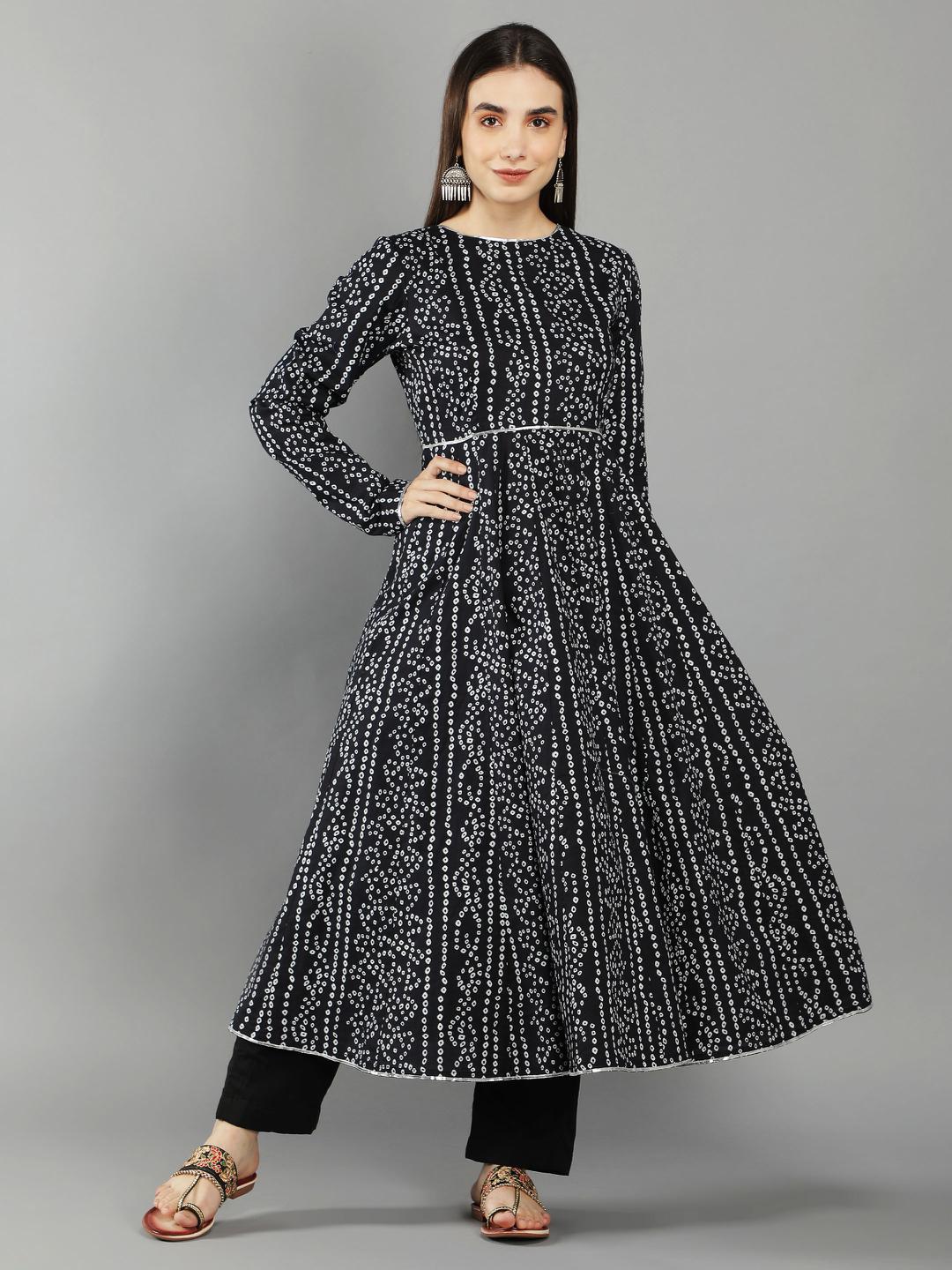 black-bhandej-anarkali-suit-set-with-mustard-dupatta-11703136BK, Women Indian Ethnic Clothing, Cotton Kurta Set Dupatta