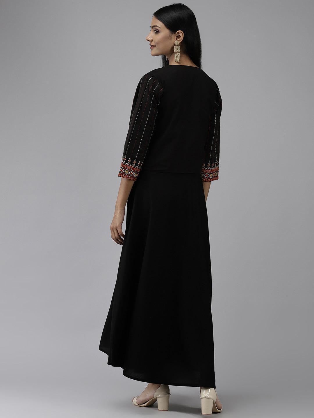 black-ethnic-dress-with-jacket-10104018BK, Women Clothing, Rayon Dress