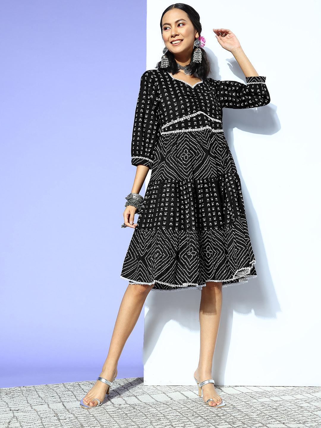 black-ethnic-motifs-indie-gal-dress-10104168BK, Women Clothing, Cotton Dresses