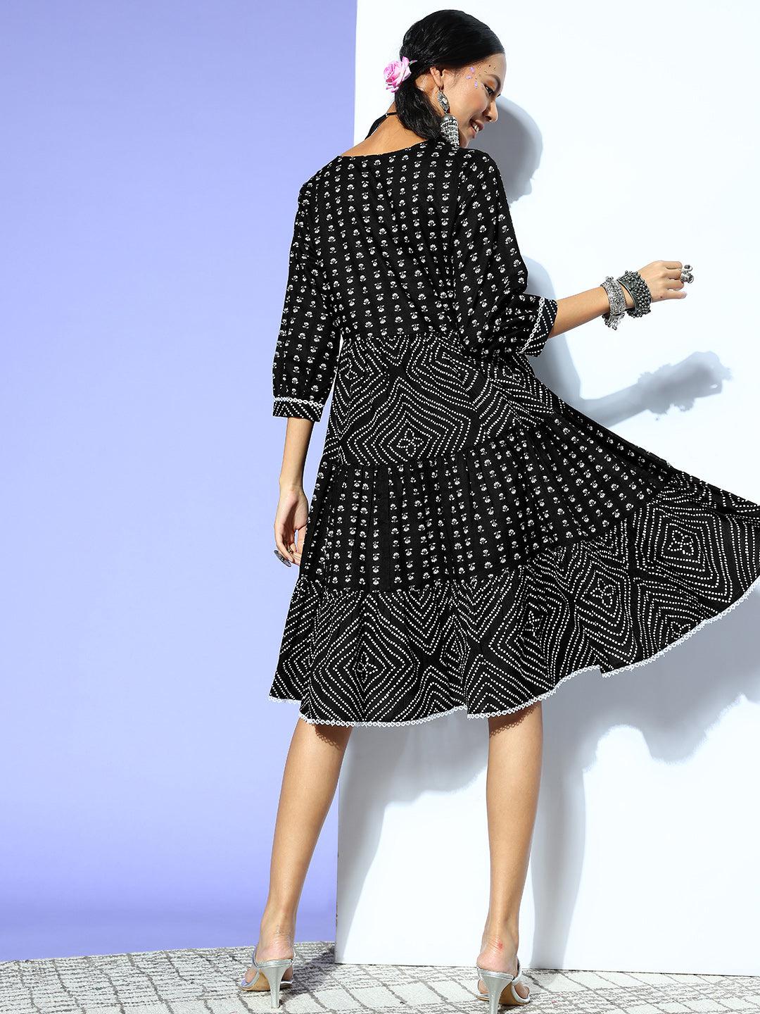 black-ethnic-motifs-indie-gal-dress-10104168BK, Women Clothing, Cotton Dresses