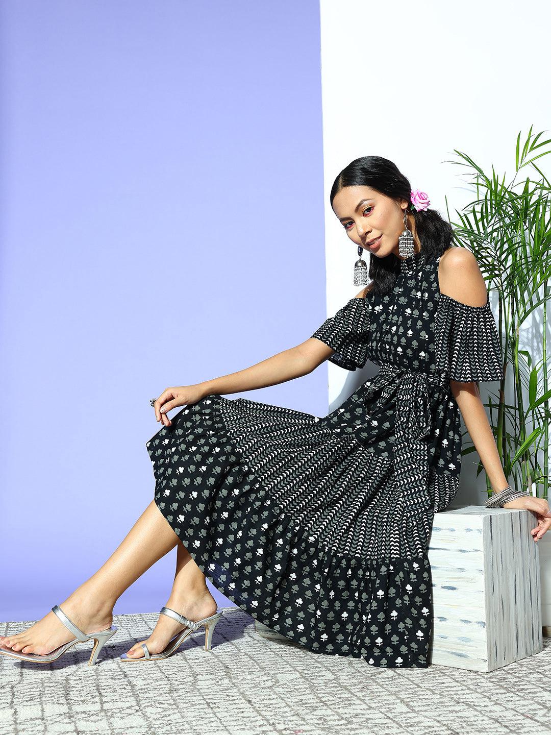 black-ethnic-motifs-indie-gal-dress-10104169BK, Women Clothing, Cotton Dresses