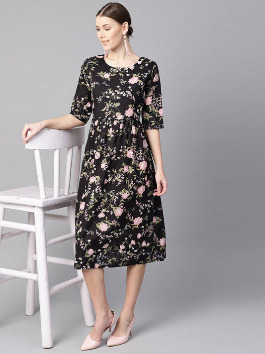 black-floral-dress-10804009BK, Women Clothing, Cotton Dress